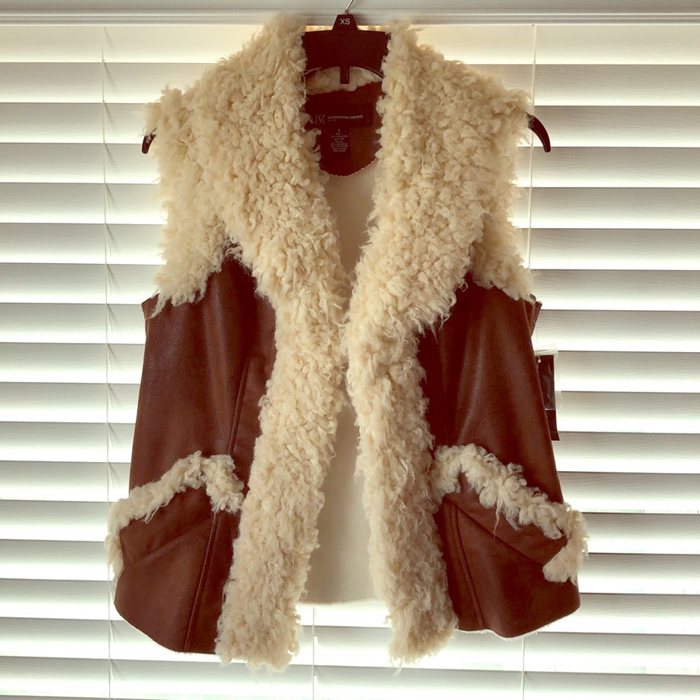 NWT faux fur cognac vest